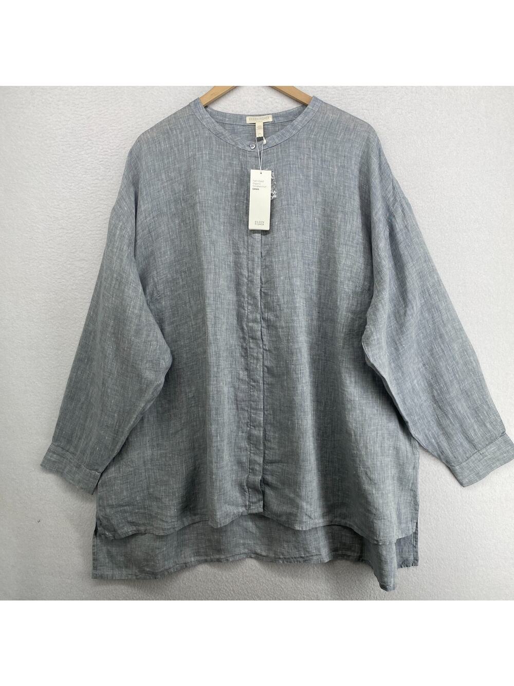 EILEEN FISHER Shirt 2X Organic Linen Tunic Mandarin Button Up Chambray Blue NEW